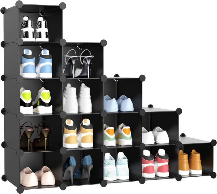 noir étagère à chaussures modulable à 16 cubes emboîtables pour rangement de chaussures, armoire à chaussures, armoire